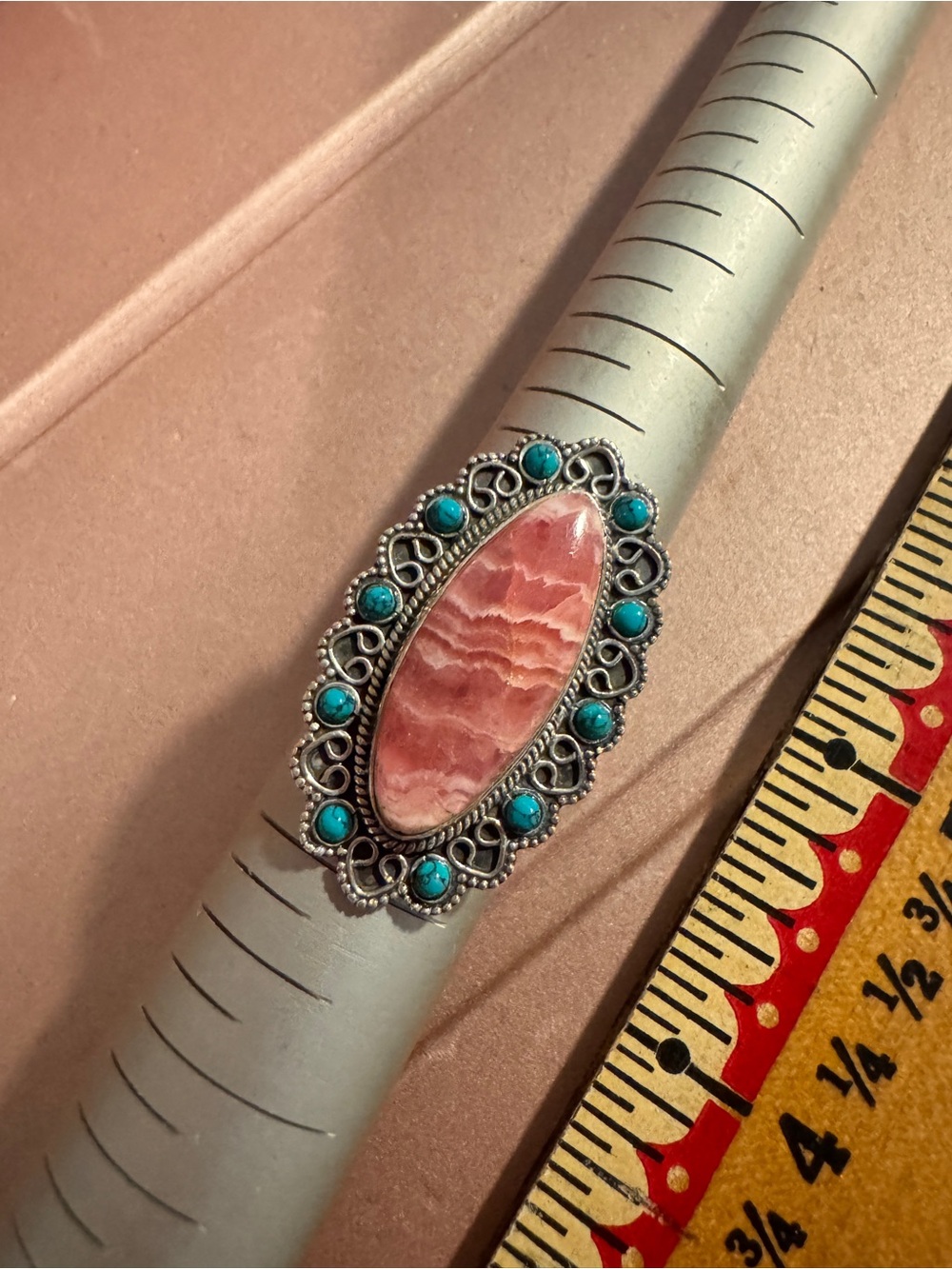 925 Sterling Silver Pink Stone and Turquoise Accent Silver Ring Sz 8 - Picture 2 of 9